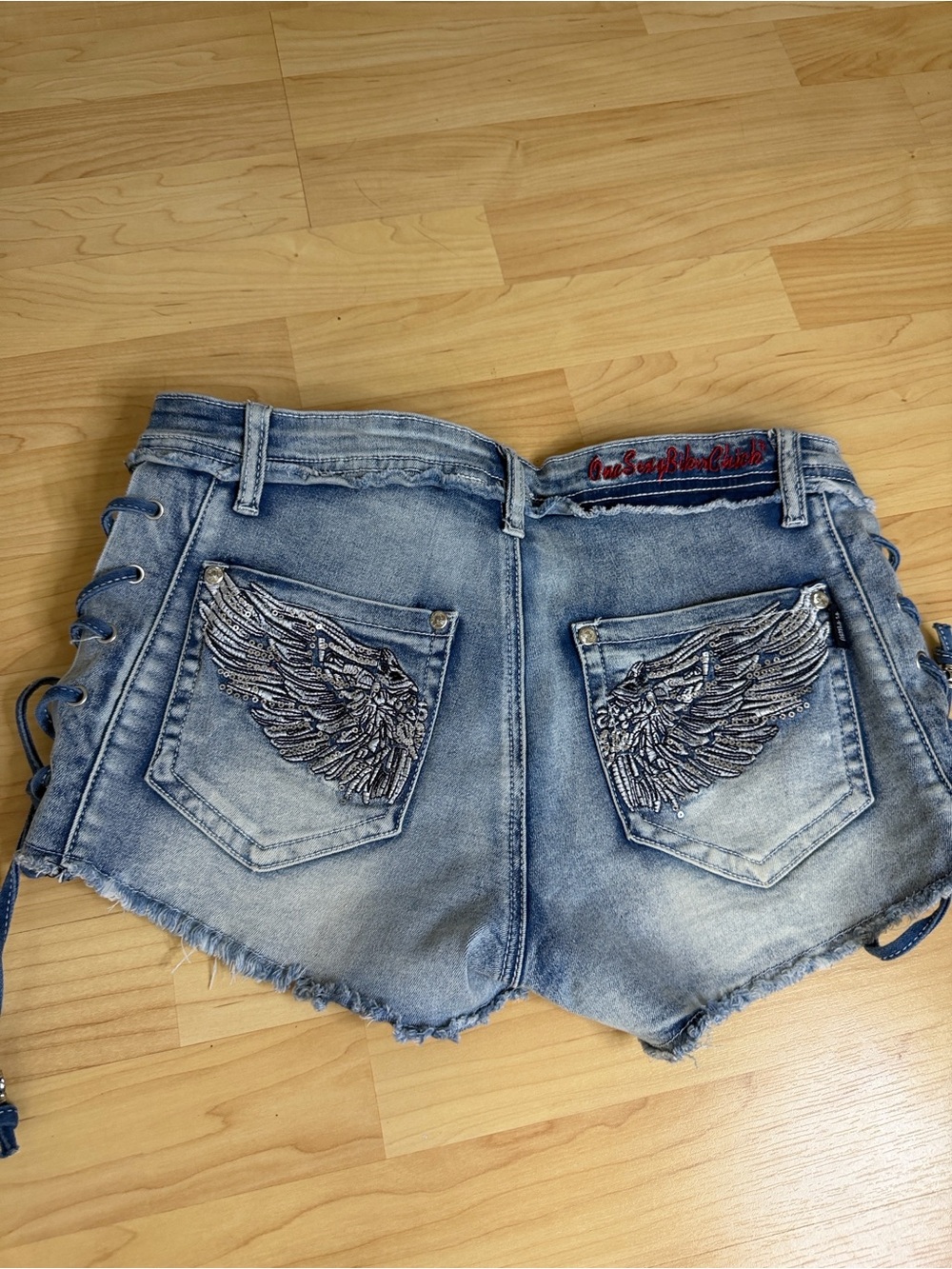 Platinum Plush Denim Shorts w/ Embellished Wing pockets  ONE SEXY BIKER CHICK